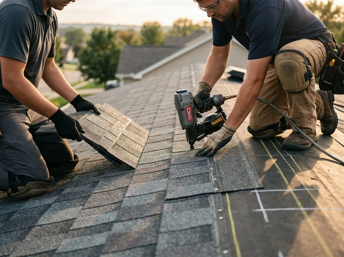 Professional roofer working on a residential roof in Lenoir